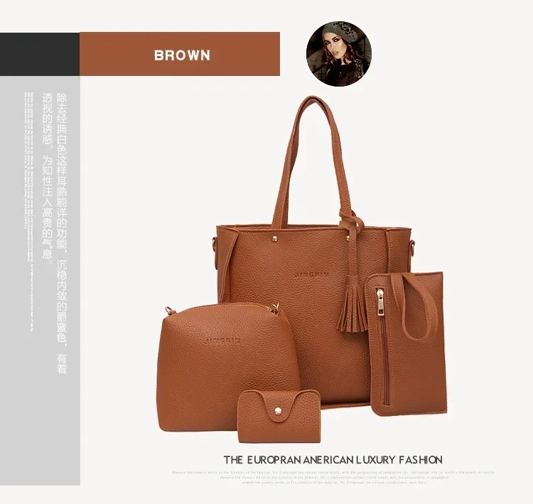 New 2023 New Large Capacity Lychee Pattern Handbags Women's European and American Retro Fashion Tassel Four-Piece Women's Bag New 2023 New Large Capacity Lychee Pattern Handbags Women's European and American Retro Fashion Tassel Four-Piece Women's Bag