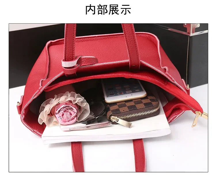 New 2023 New Large Capacity Lychee Pattern Handbags Women's European and American Retro Fashion Tassel Four-Piece Women's Bag New 2023 New Large Capacity Lychee Pattern Handbags Women's European and American Retro Fashion Tassel Four-Piece Women's Bag